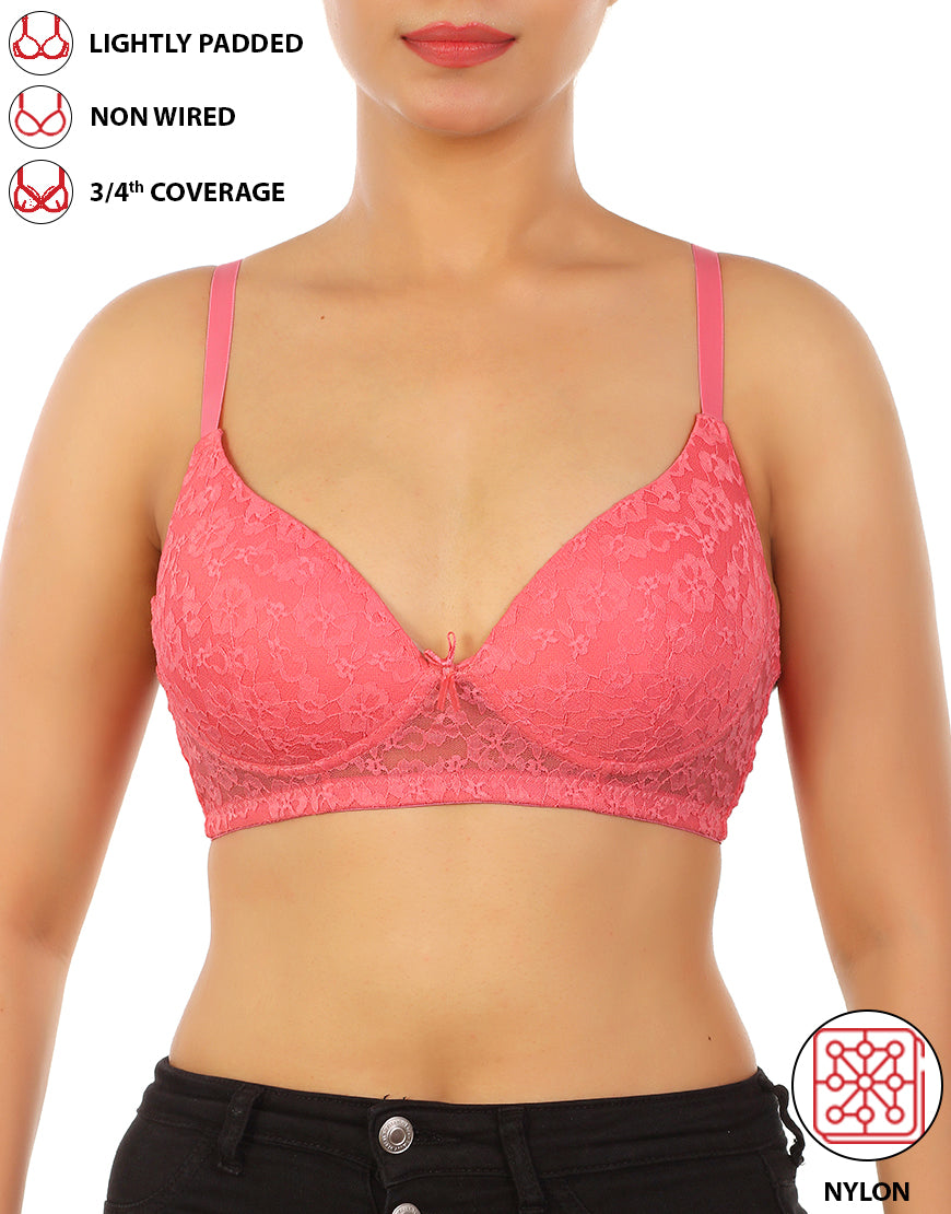 LIGHTLY PADDED WIRE-FREE 3/4TH COVERAGE ALL OVER LACE BRA- PINK LEMONADE