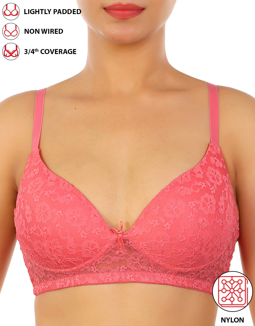 LIGHTLY PADDED WIRE-FREE 3/4TH COVERAGE ALL OVER LACE BRA- PINK LEMONADE