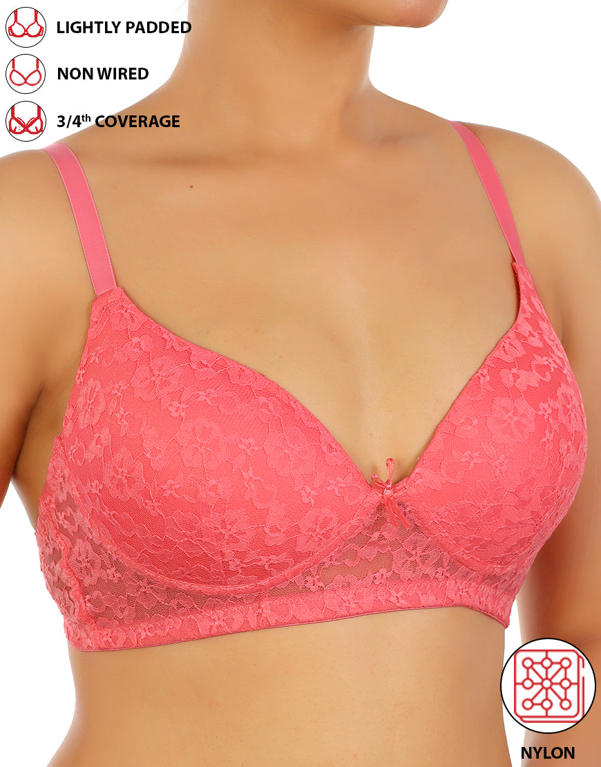 LIGHTLY PADDED WIRE-FREE 3/4TH COVERAGE ALL OVER LACE BRA- PINK LEMONADE