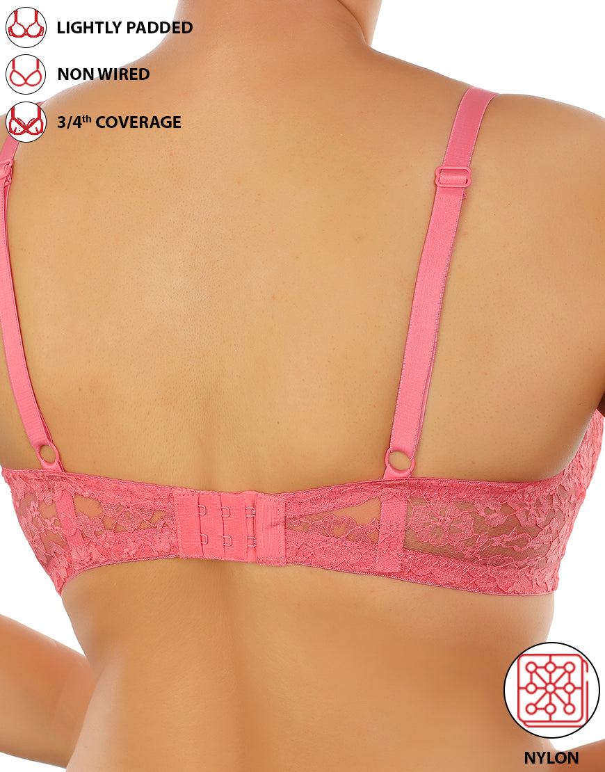 LIGHTLY PADDED WIRE-FREE 3/4TH COVERAGE ALL OVER LACE BRA- PINK LEMONADE