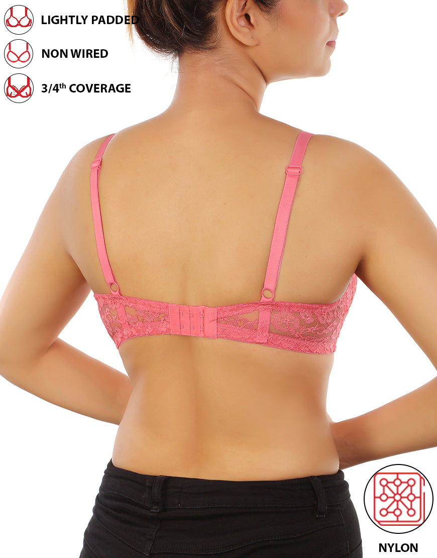 LIGHTLY PADDED WIRE-FREE 3/4TH COVERAGE ALL OVER LACE BRA- PINK LEMONADE