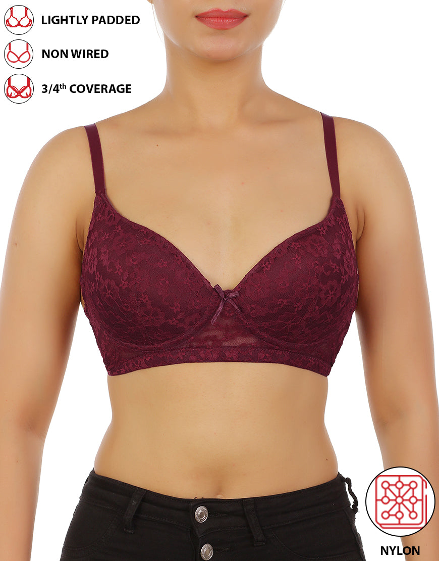 LIGHTLY PADDED WIRE-FREE 3/4TH COVERAGE ALL OVER LACE BRA- FIG