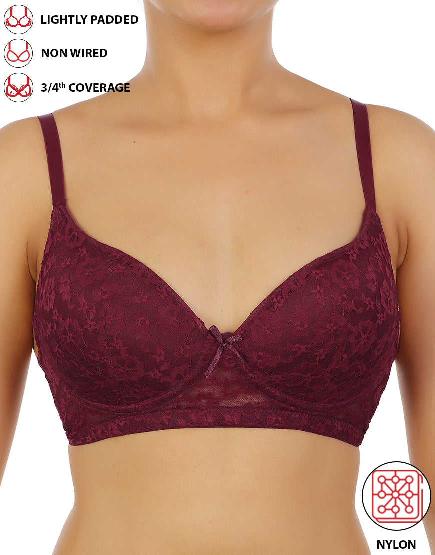 LIGHTLY PADDED WIRE-FREE 3/4TH COVERAGE ALL OVER LACE BRA- FIG