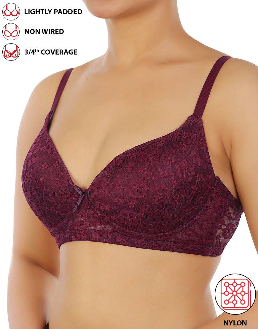 LIGHTLY PADDED WIRE-FREE 3/4TH COVERAGE ALL OVER LACE BRA- FIG