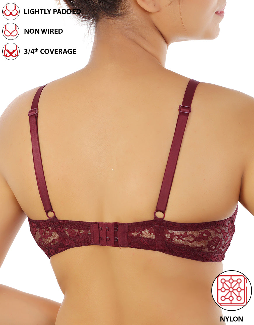 LIGHTLY PADDED WIRE-FREE 3/4TH COVERAGE ALL OVER LACE BRA- FIG