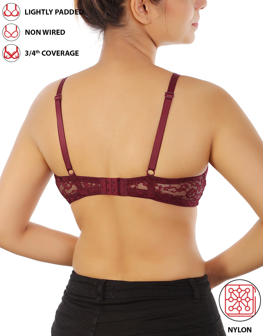 LIGHTLY PADDED WIRE-FREE 3/4TH COVERAGE ALL OVER LACE BRA- FIG