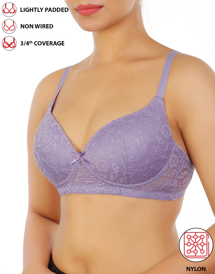 LIGHTLY PADDED WIRE-FREE 3/4TH COVERAGE ALL OVER LACE BRA- VOILET TULIP