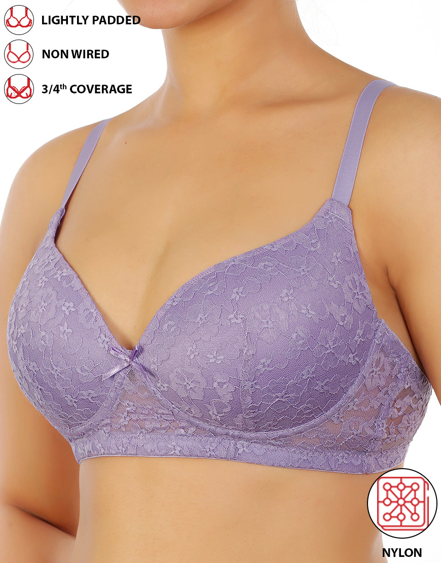 LIGHTLY PADDED WIRE-FREE 3/4TH COVERAGE ALL OVER LACE BRA- VOILET TULIP