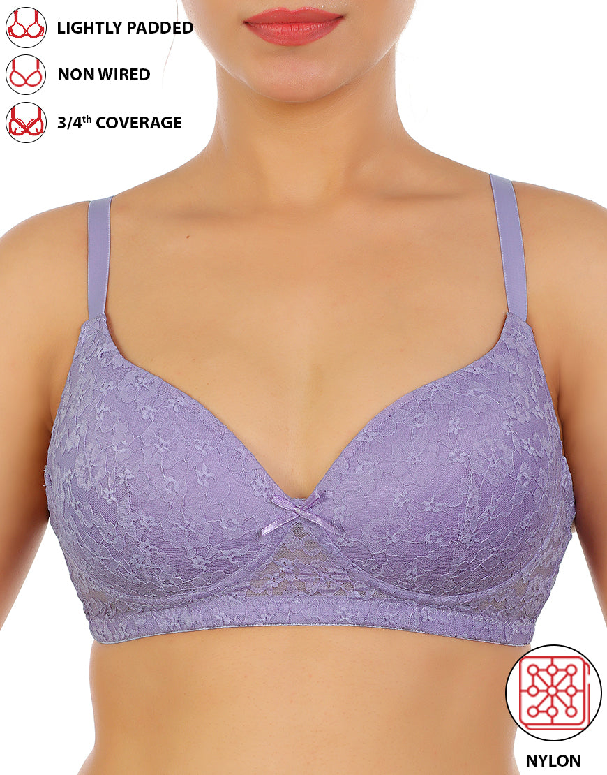 LIGHTLY PADDED WIRE-FREE 3/4TH COVERAGE ALL OVER LACE BRA- VOILET TULIP