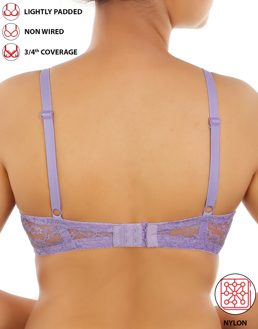 LIGHTLY PADDED WIRE-FREE 3/4TH COVERAGE ALL OVER LACE BRA- VOILET TULIP