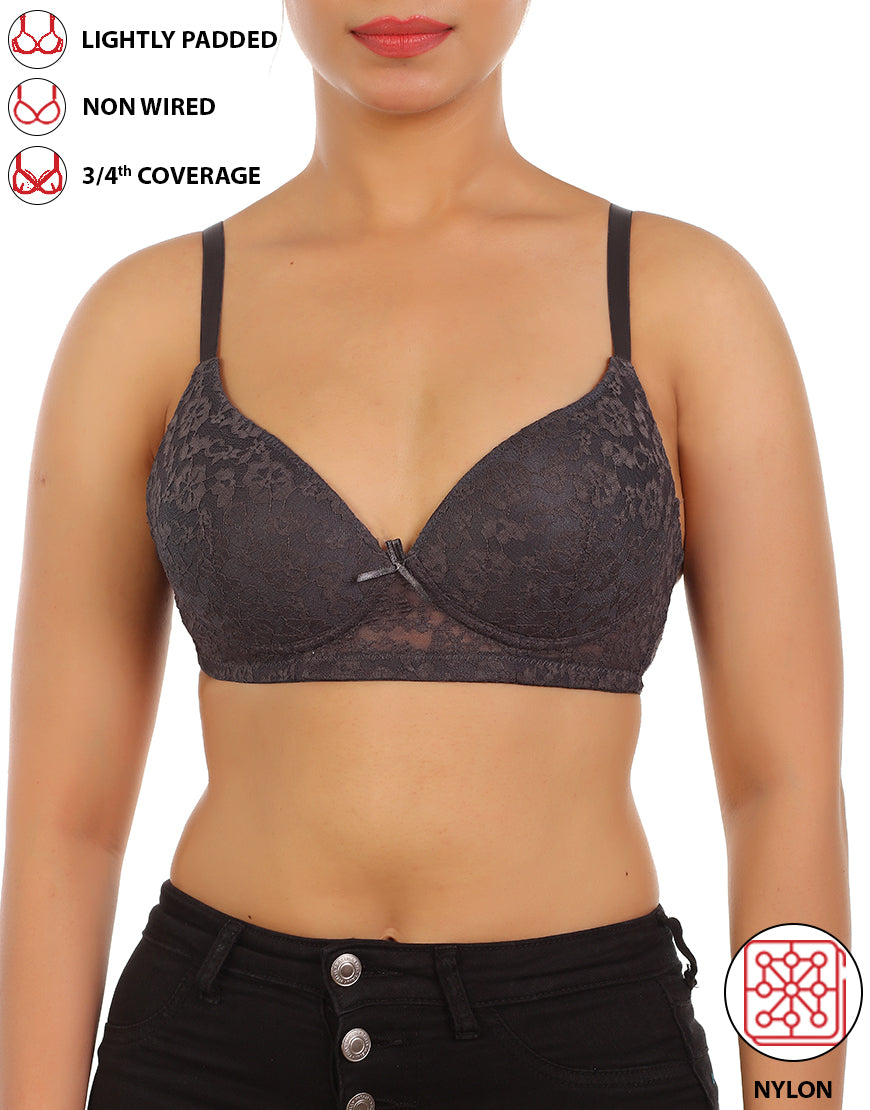 LIGHTLY PADDED WIRE-FREE 3/4TH COVERAGE ALL OVER LACE BRA- FORGGED IRON