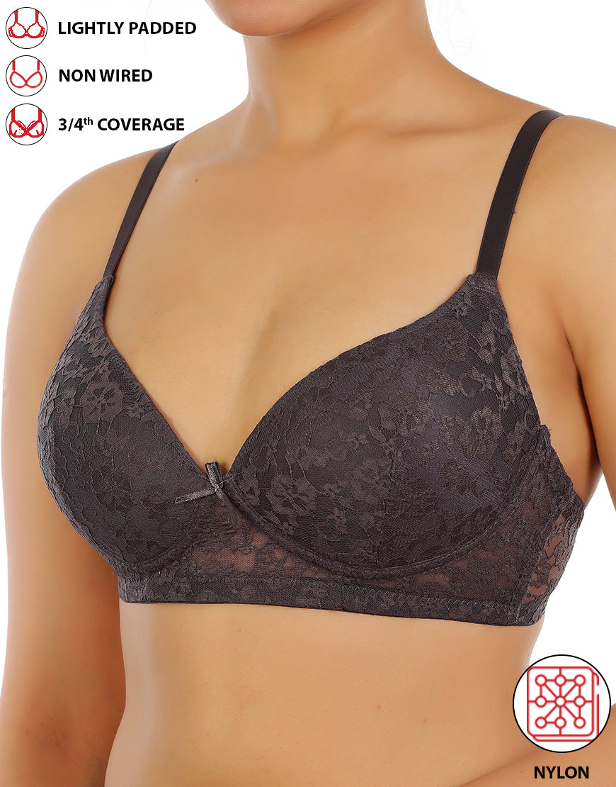 LIGHTLY PADDED WIRE-FREE 3/4TH COVERAGE ALL OVER LACE BRA- FORGGED IRON