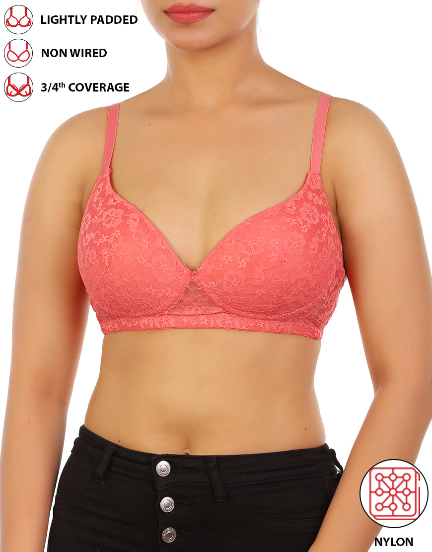 LIGHTLY PADDED WIRE-FREE 3/4TH COVERAGE ALL OVER LACE BRA- GEORGIA PEACH