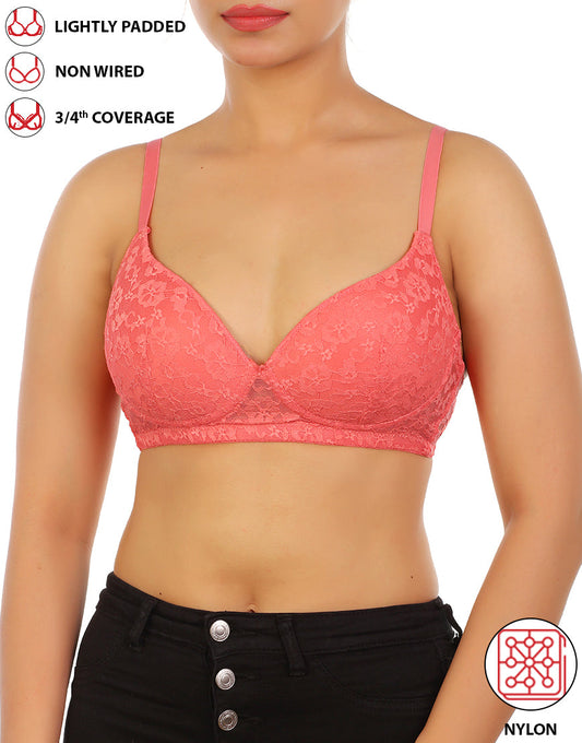 LIGHTLY PADDED WIRE-FREE 3/4TH COVERAGE ALL OVER LACE BRA- GEORGIA PEACH