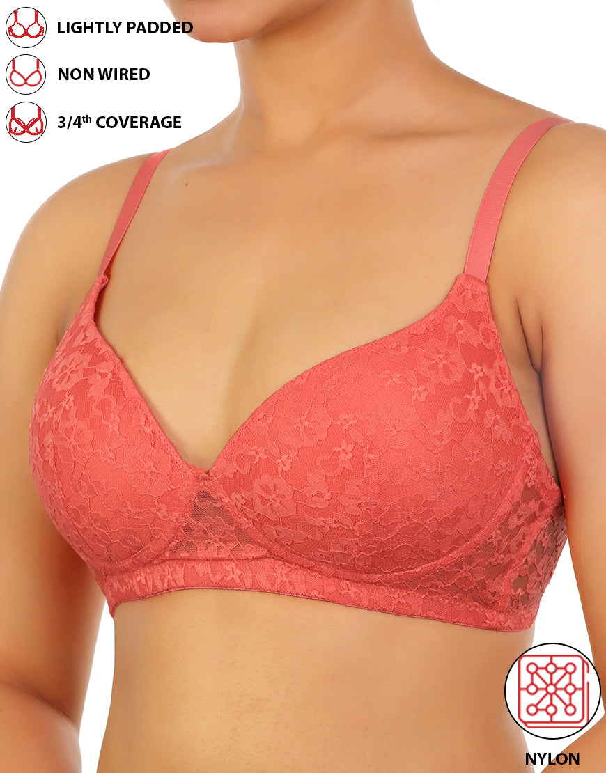 LIGHTLY PADDED WIRE-FREE 3/4TH COVERAGE ALL OVER LACE BRA- GEORGIA PEACH