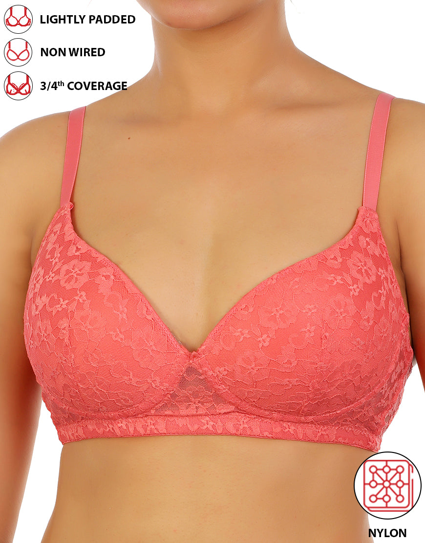 LIGHTLY PADDED WIRE-FREE 3/4TH COVERAGE ALL OVER LACE BRA- GEORGIA PEACH