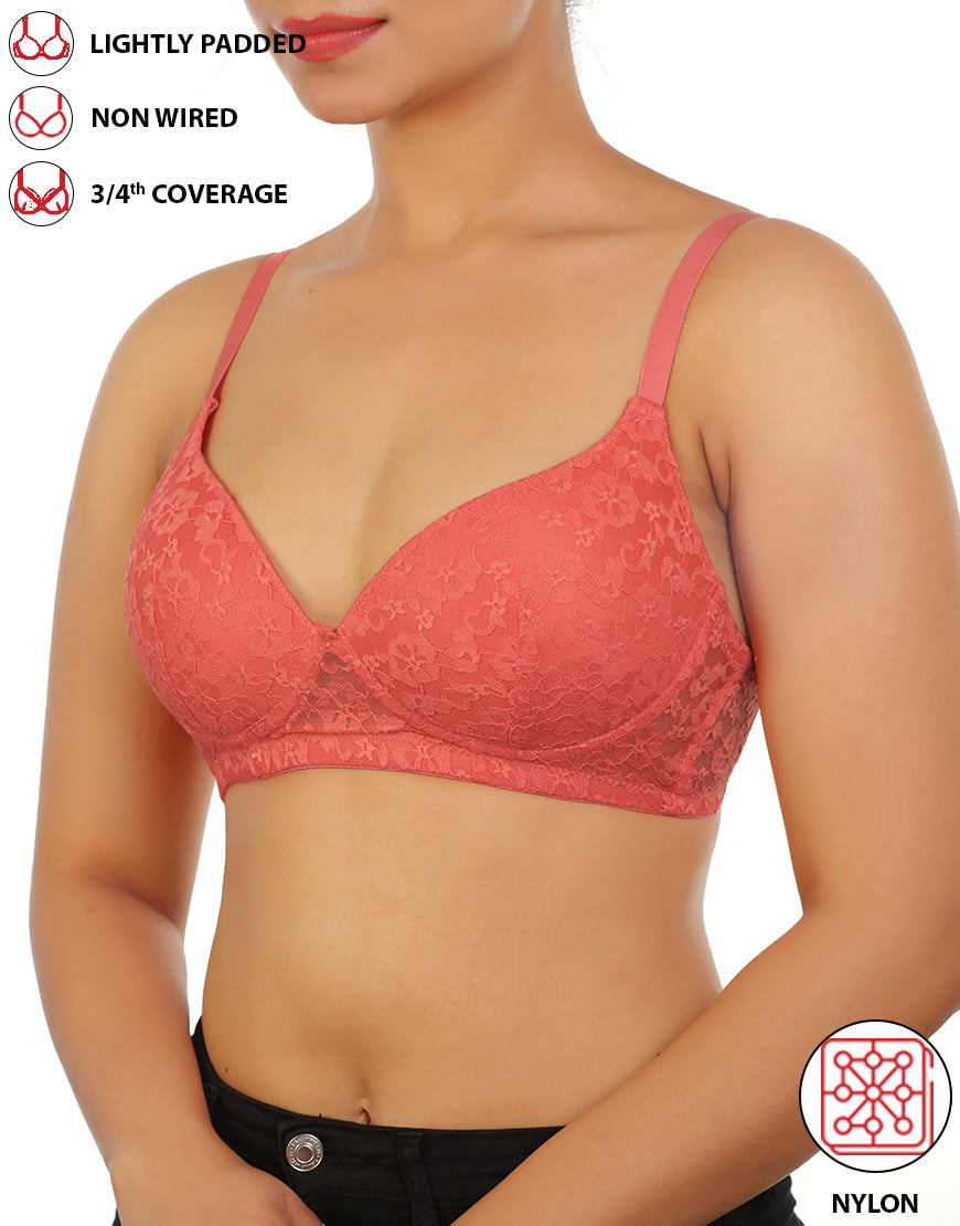 LIGHTLY PADDED WIRE-FREE 3/4TH COVERAGE ALL OVER LACE BRA- GEORGIA PEACH