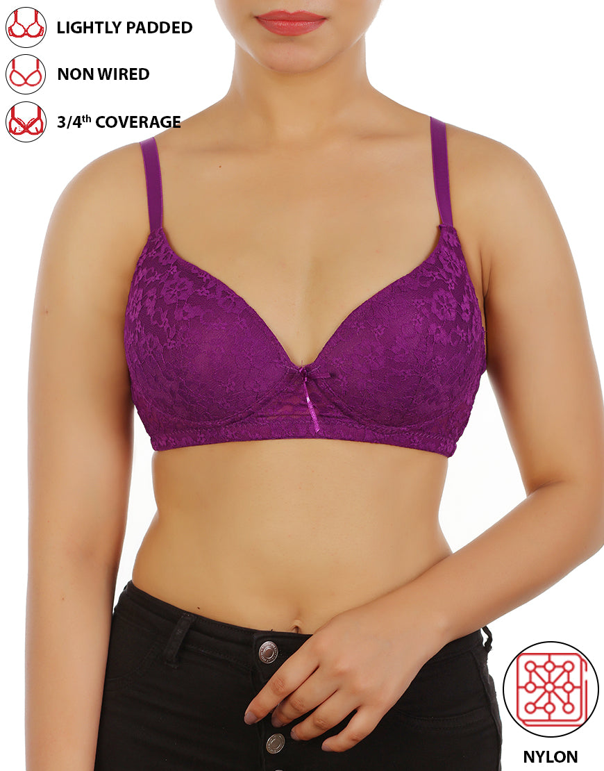 LIGHTLY PADDED WIRE-FREE 3/4TH COVERAGE ALL OVER LACE BRA- GRAPE JUICE