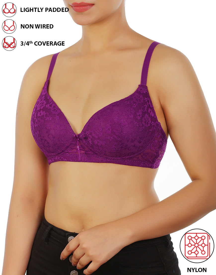 LIGHTLY PADDED WIRE-FREE 3/4TH COVERAGE ALL OVER LACE BRA- GRAPE JUICE