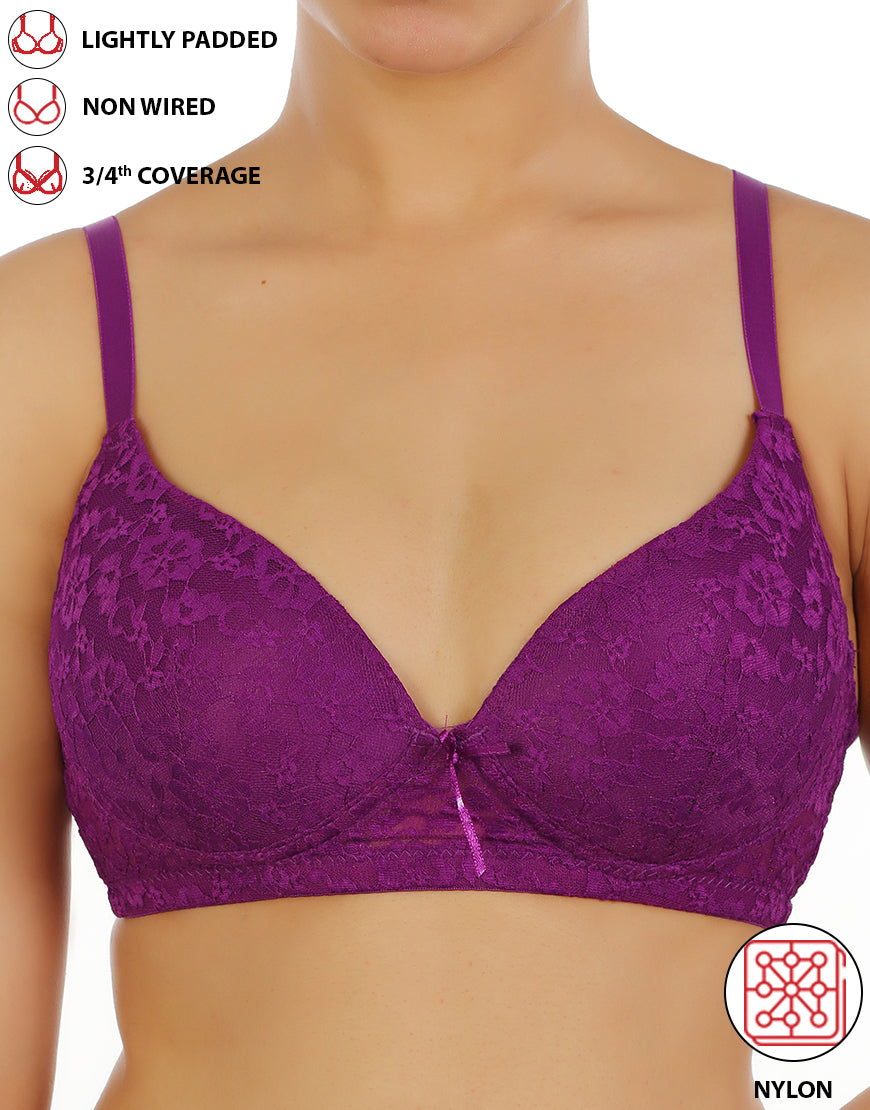 LIGHTLY PADDED WIRE-FREE 3/4TH COVERAGE ALL OVER LACE BRA- GRAPE JUICE