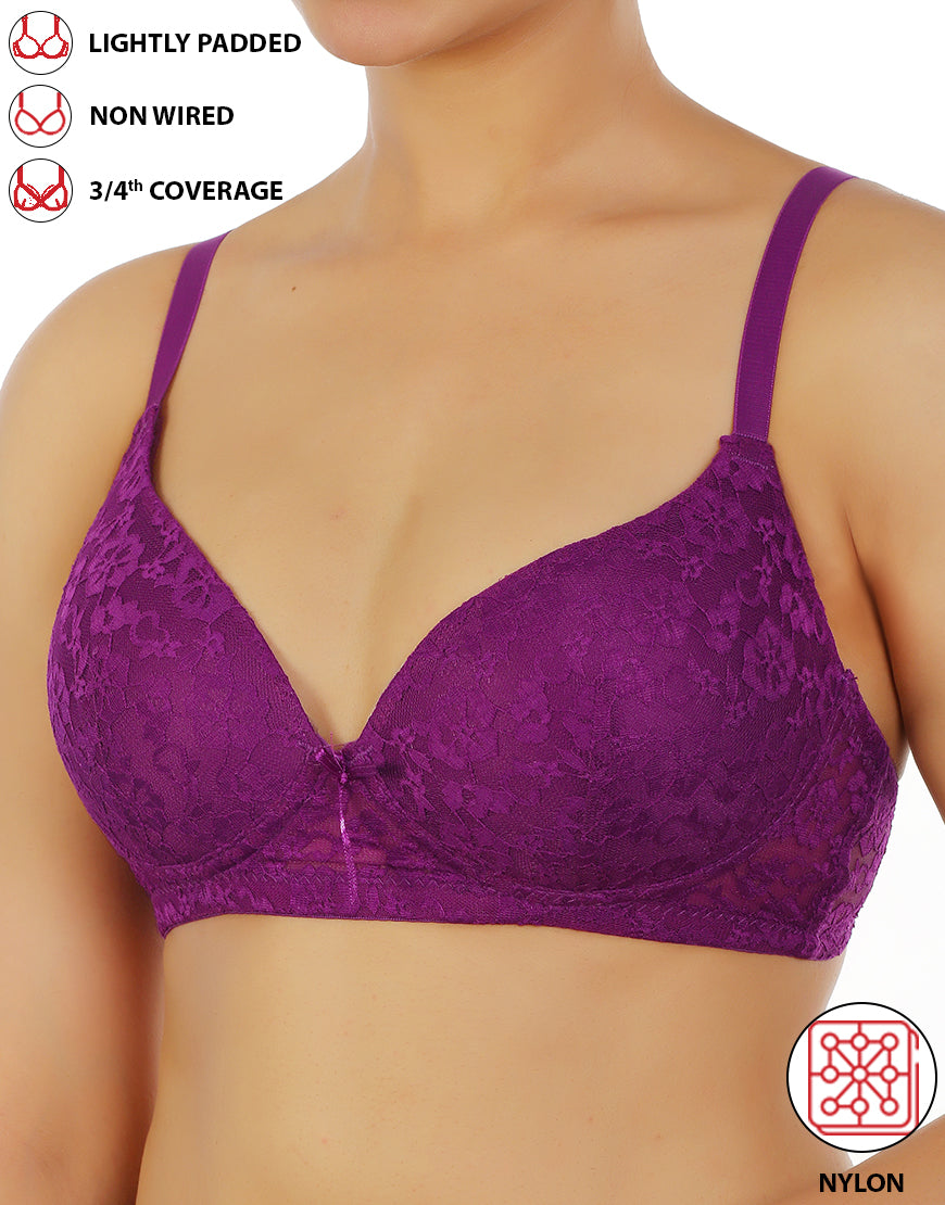 LIGHTLY PADDED WIRE-FREE 3/4TH COVERAGE ALL OVER LACE BRA- GRAPE JUICE