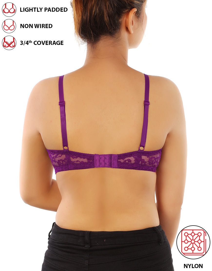 LIGHTLY PADDED WIRE-FREE 3/4TH COVERAGE ALL OVER LACE BRA- GRAPE JUICE