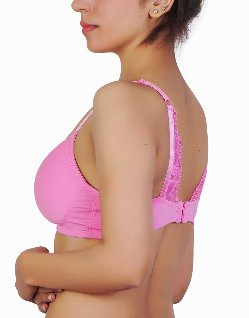 Wireless Go To T-Shirt Bra With a Touch Of Lace-PINK COSMOS