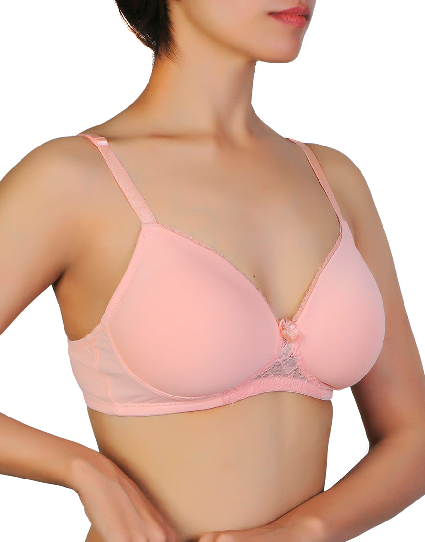 Wireless Go To T-Shirt Bra With a Touch Of Lace-PEACH PEARL