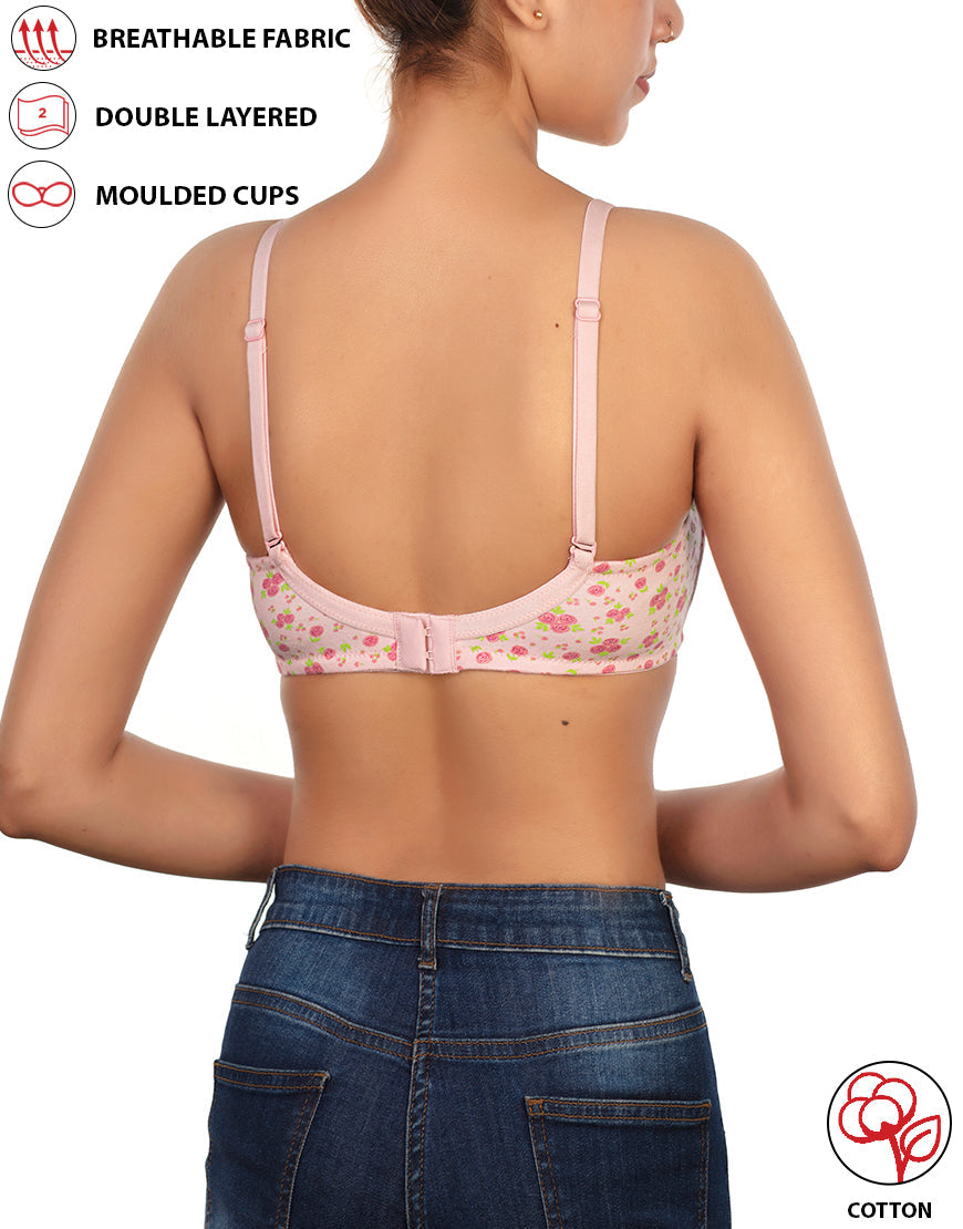 COTTON DOUBLE LAYERED NON WIRED PRINTED BRA -BABY ROSE PRINT