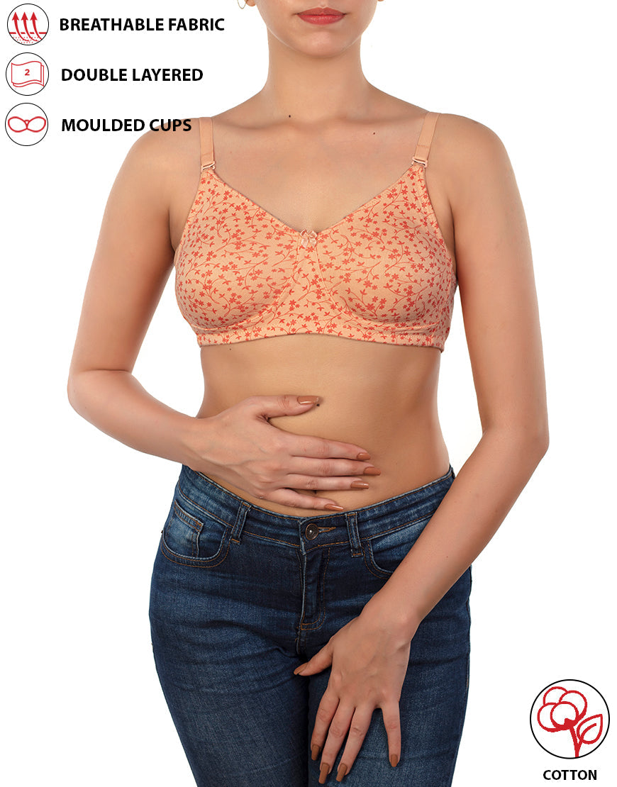 COTTON DOUBLE LAYERED NON WIRED PRINTED BRA -SALMON