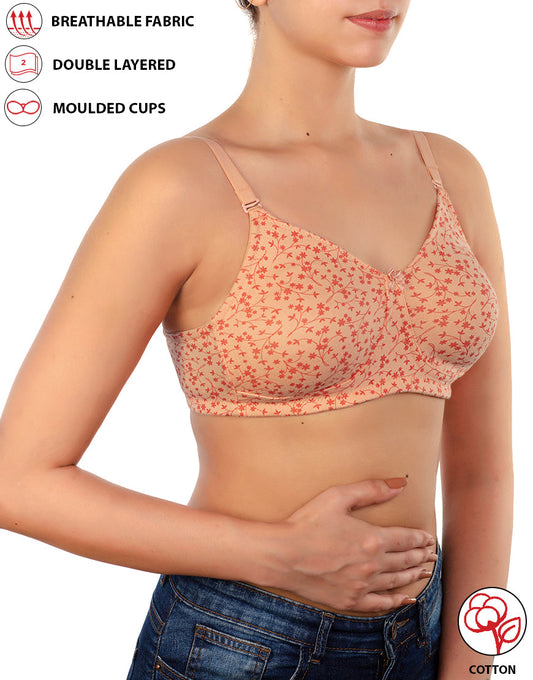 COTTON DOUBLE LAYERED NON WIRED PRINTED BRA -SALMON