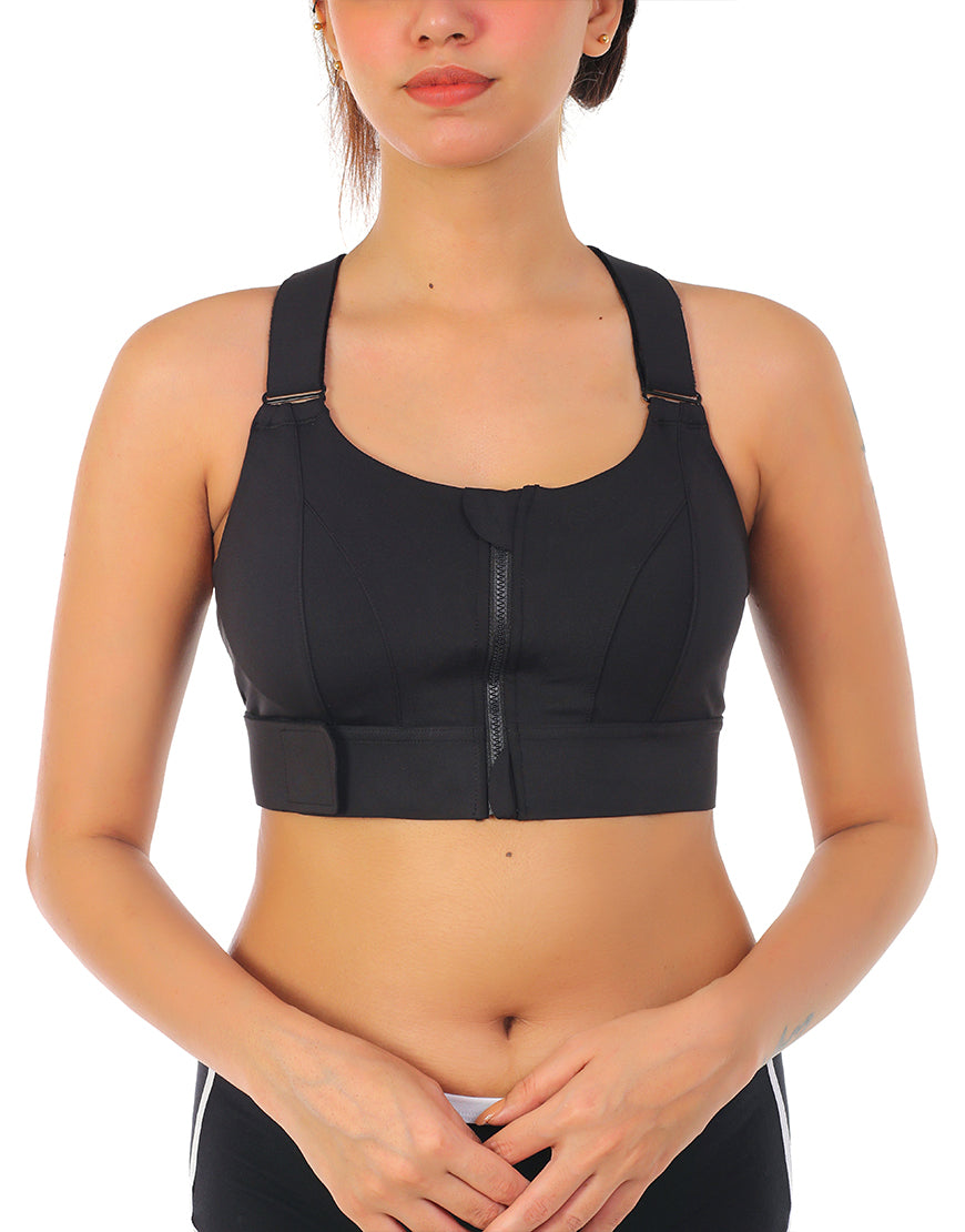 PREMIUM QUALITY FRONT CLOSURE PADDED HIGH IMPACT SPORTS BRA WITH ADJUSTABLE WAIST BAND-BLACK