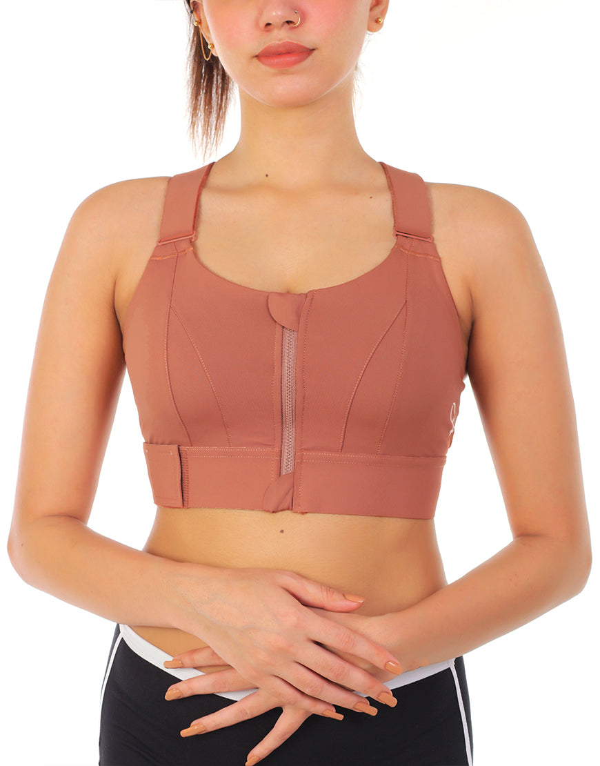 PREMIUM QUALITY FRONT CLOSURE PADDED HIGH IMPACT SPORTS BRA WITH ADJUSTABLE WAIST BAND-RUST