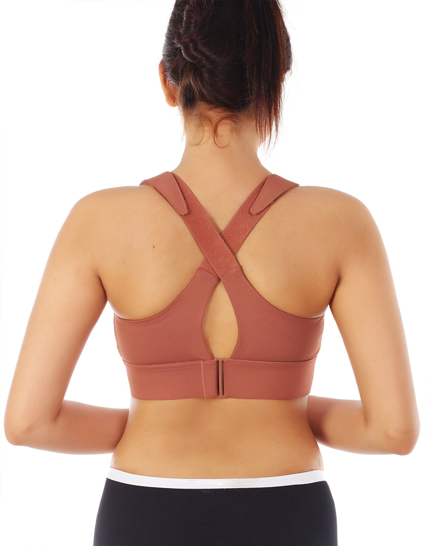 PREMIUM QUALITY FRONT CLOSURE PADDED HIGH IMPACT SPORTS BRA WITH ADJUSTABLE WAIST BAND-RUST