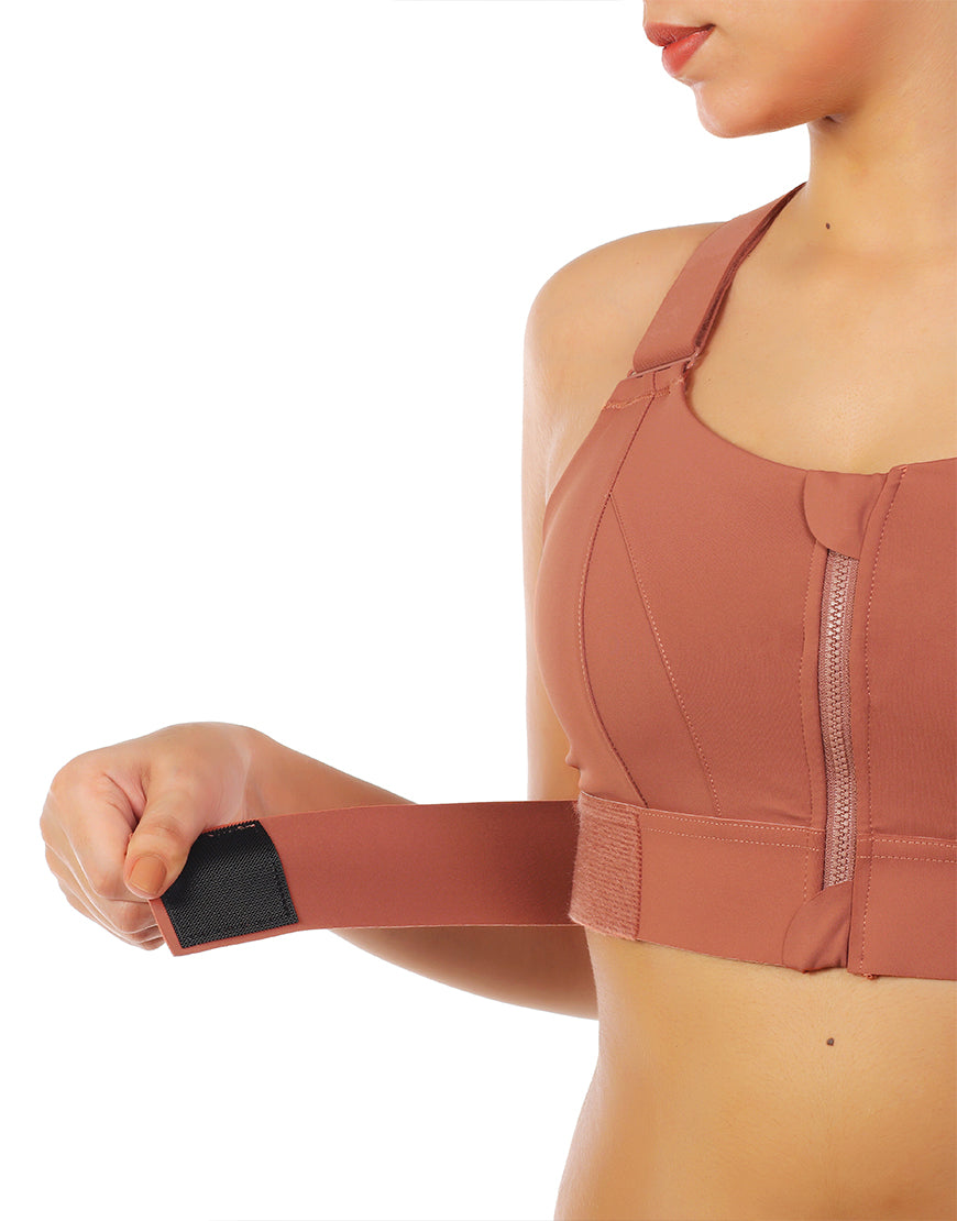 PREMIUM QUALITY FRONT CLOSURE PADDED HIGH IMPACT SPORTS BRA WITH ADJUSTABLE WAIST BAND-RUST