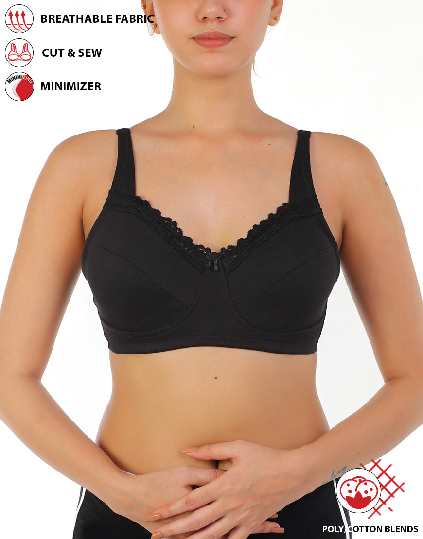 FULL COVERAGE SUPER SUPPORT CUT & SEW CUPS MINIMIZER BRA-BLACK