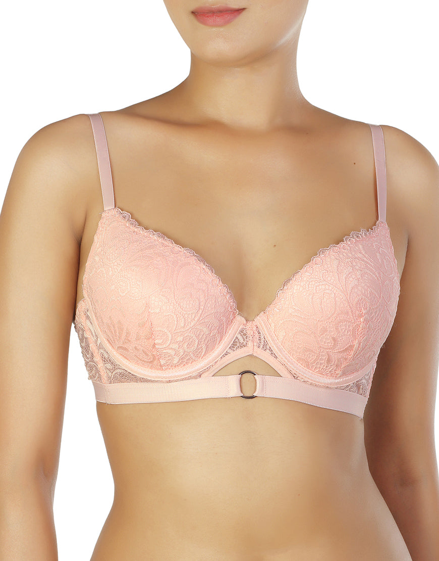 ALL OVER LACE PUSH-UP BRA SET WITH METALLIC RINGS-VEILED ROSE