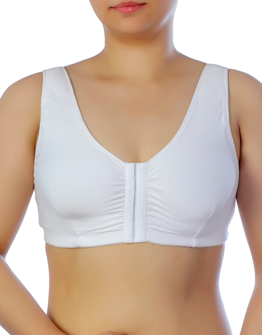 LOSHA COTTON FRONT CLOSURE POST SURGICAL BRA WITH POCKETS-WHITE