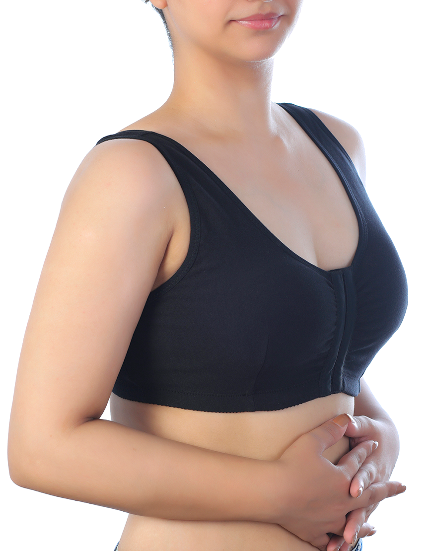 COTTON FRONT OPEN SLIP ON POST SURGICAL BRA WITH POCKETS-BLACK