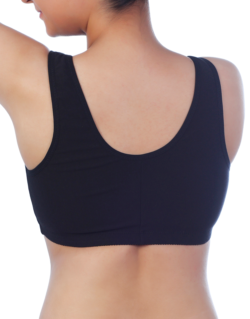 COTTON FRONT OPEN SLIP ON POST SURGICAL BRA WITH POCKETS-BLACK