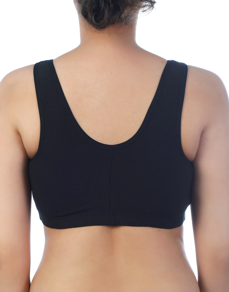 COTTON FRONT OPEN SLIP ON POST SURGICAL BRA WITH POCKETS-BLACK