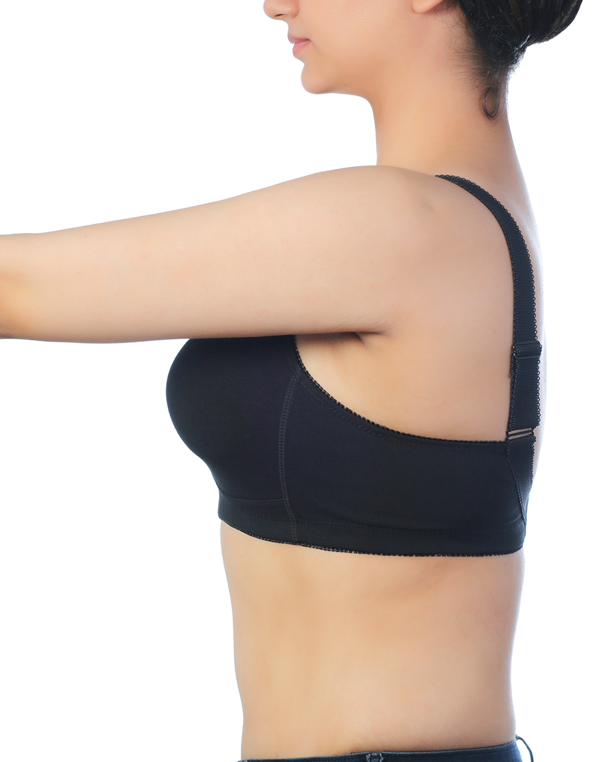 FULL COVERAGE POST SURGICAL BRA WITH BROAD ELASTIC STRAP -BLACK