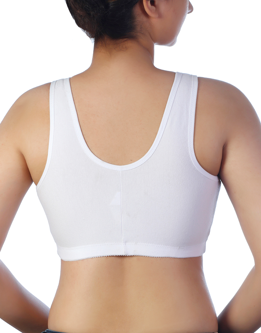 COTTON FRONT OPEN SLIP ON POST SURGICAL BRA WITH POCKETS-WHITE