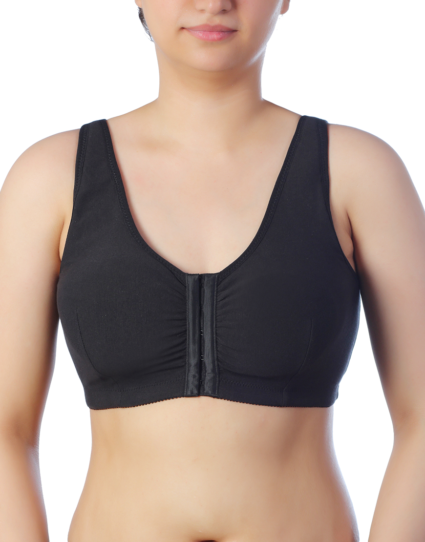 COTTON FRONT CLOSURE POST SURGICAL BRA WITH POCKETS-BLACK