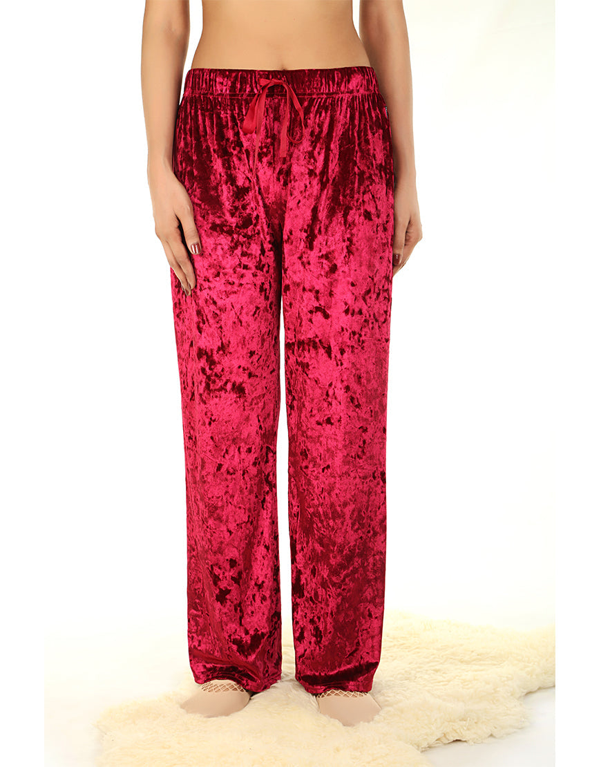 TAHARI CRUSHED VELVET WIDE LEG PAJAMA PANTS-BURGUNDY