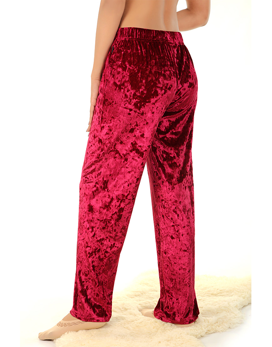 TAHARI CRUSHED VELVET WIDE LEG PAJAMA PANTS-BURGUNDY