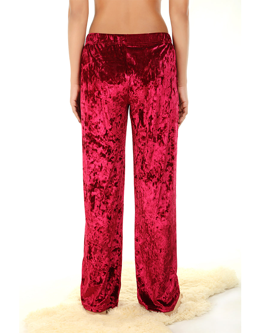 TAHARI CRUSHED VELVET WIDE LEG PAJAMA PANTS-BURGUNDY