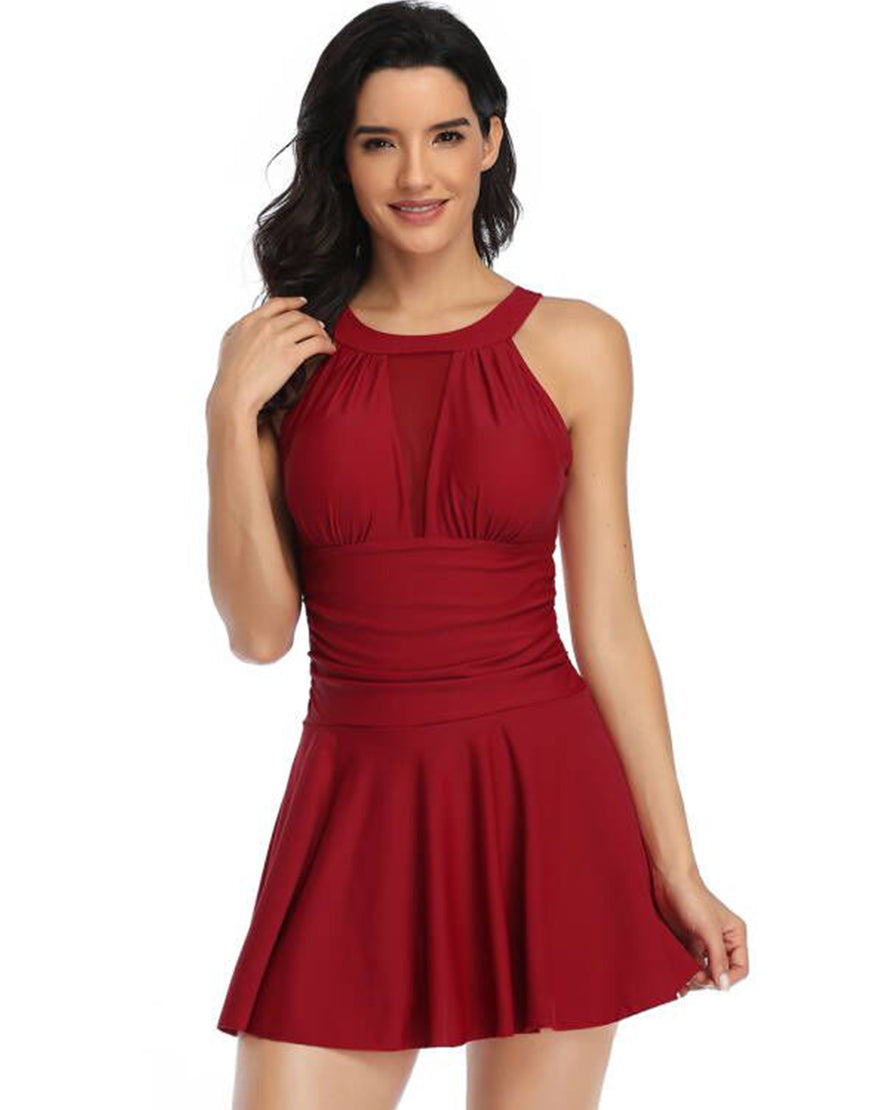 SWIM DRESS WITH TUMMY CONTROL & REMOVABLE PADS - DARK RED