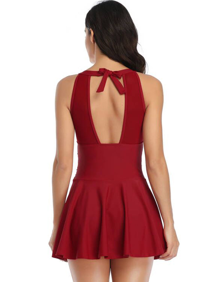 SWIM DRESS WITH TUMMY CONTROL & REMOVABLE PADS - DARK RED