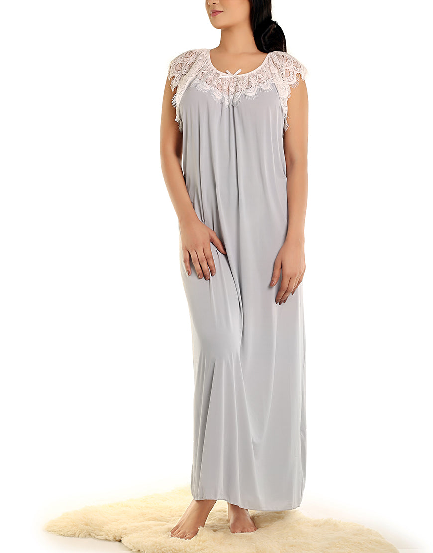 LONG NIGHTY WITH CONTRAST LACE NECKLINE AND DROP SHOULDERS-LIGHT GREY